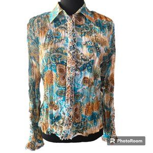 Milano‎ Vintage Women's Paisley Crinkle Ruffle Button Down Blouse sz S